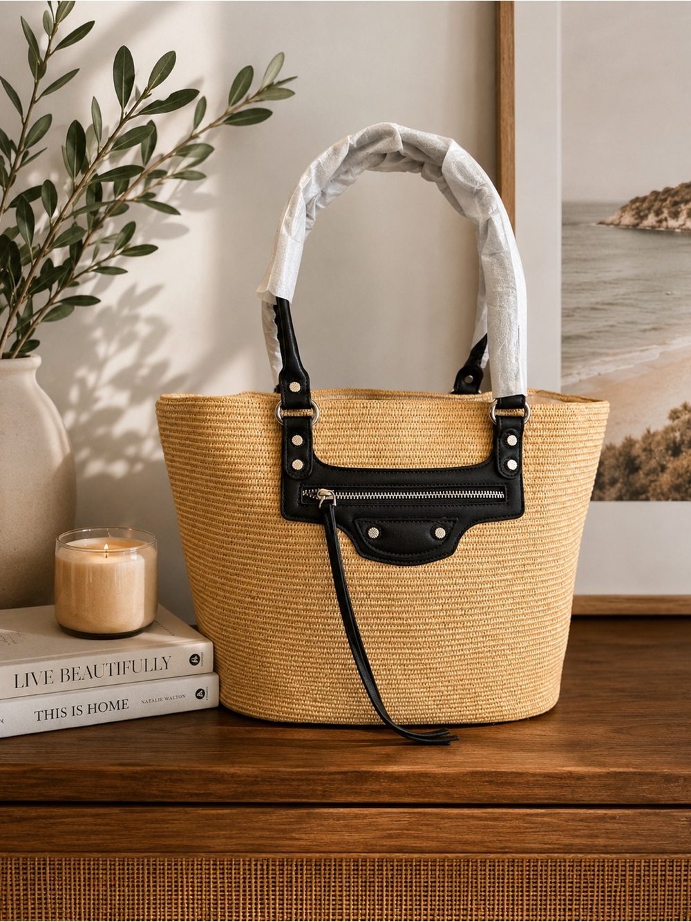 Straw Tote Bag with Black Trim - Fashion Women Bag